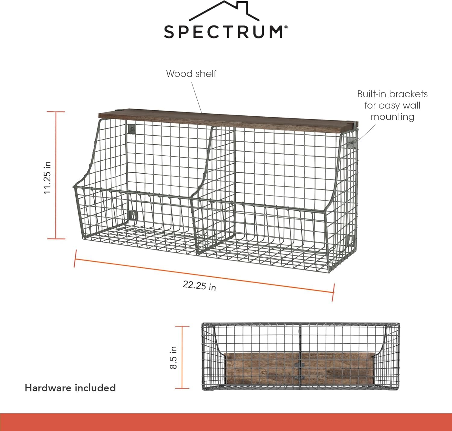 Amazon.com: Spectrum Double Bin Hanging Wire Basket with Wood Top